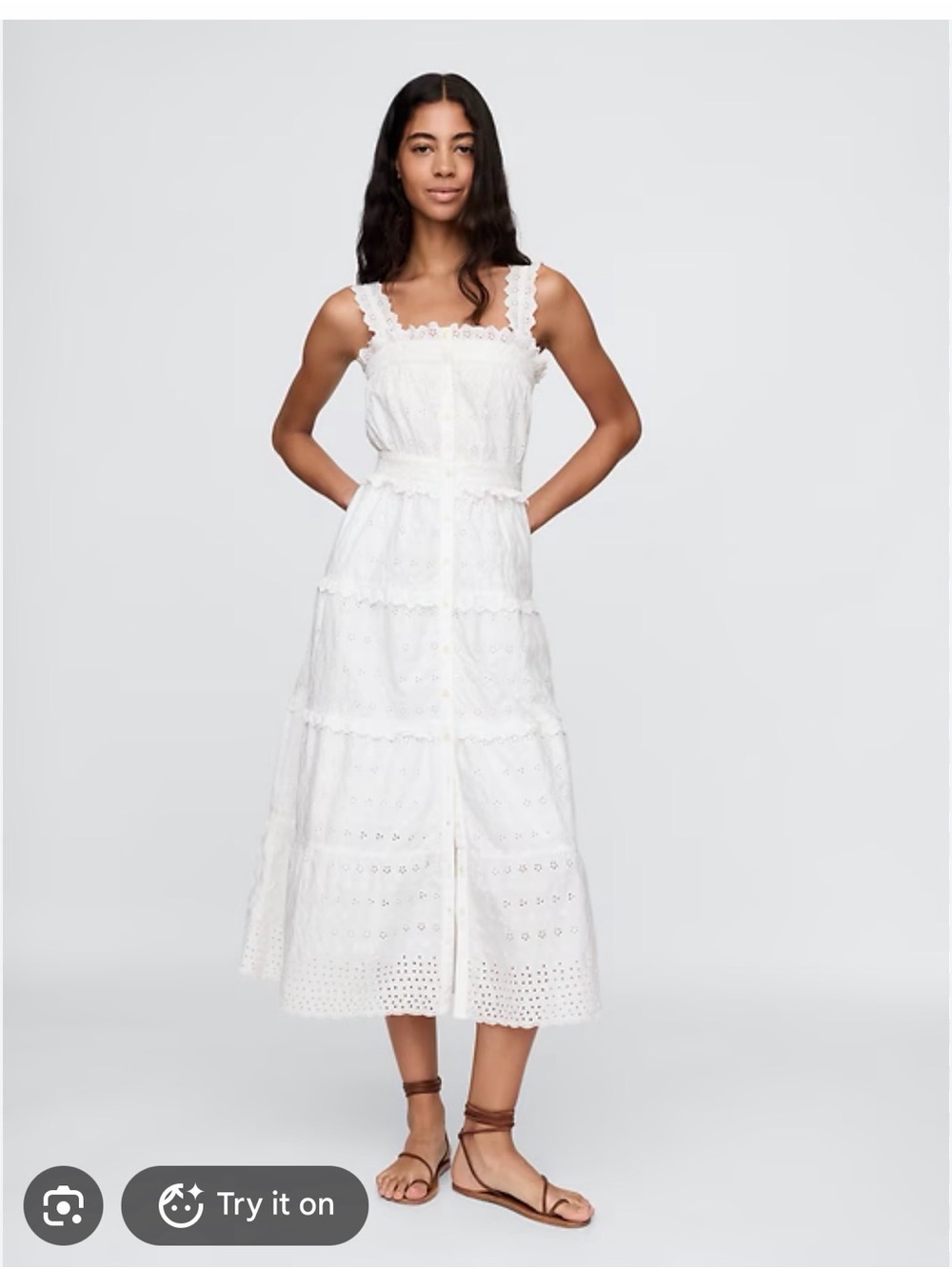 Tiered White Eyelet Midi Dress with Scalloped Straps